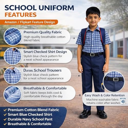 Image of Boys School Uniform Half Sleeve Checked Shirt with Pants Set - Comfortable Cotton Blend School Wear for Kids