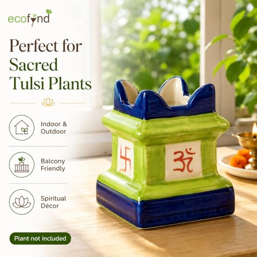 Image of ecofynd 5 inches Tulsi Ceramic Plant Pots, Flower Pot with Drainage Hole, Decorative Modern Indoor Planters, Home Garden Decor for Living Room Bedroom Interior (Green,CPOT016)