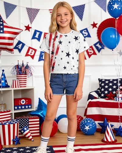 Image of DDSOL Girls July 4th Crop Tops Patriotic Shirt American Flag Short Sleeve Tshirts for Girl 6-14 Years