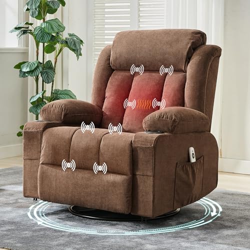 GAOMON Rocker Swivel Recliner Chair with Heat Massage Large Wide Lazy Boy Single Sofa Seat with 3 Positions 2 Side Pockets Cup Holders USB Ports Remot