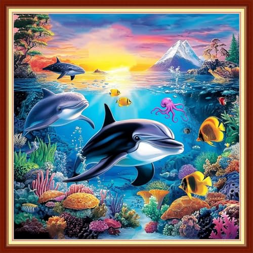 Image of Fanxvivy Stamped Cross Stitch Kits for Beginners Full Range of Cross Stitching Preprinted Embroidery Kits for Adults, 11CT Embroidery Pattern Needlepoint Kits-Underwater World 18x18 inch