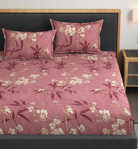 Image of Premium Heavy Cotton Elastic Fitted Bedsheets with 2 King Size Pillow Covers | Diwan Bed with All Around Elastic 350 TC | 48 x 78 x 8 Inch Diwan Size Fitted | :- Maroon Flower
