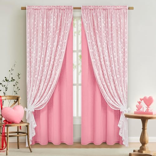 ASPMIZ Pink Curtains for Living Room Double Layer Curtains with Linen Lace, Linen...