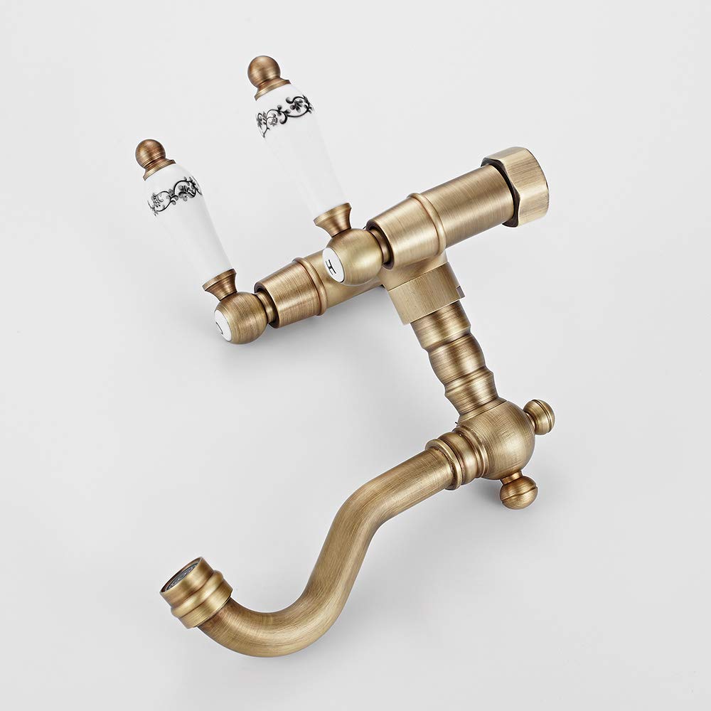 Rubinetto Bronzo a Muro in Ottone con Doppio Manopole in Ceramica Rotazione 360 ° Rubinetto per Cucina a Parete Vintage Supporto Caldo e Freddo Raffinato