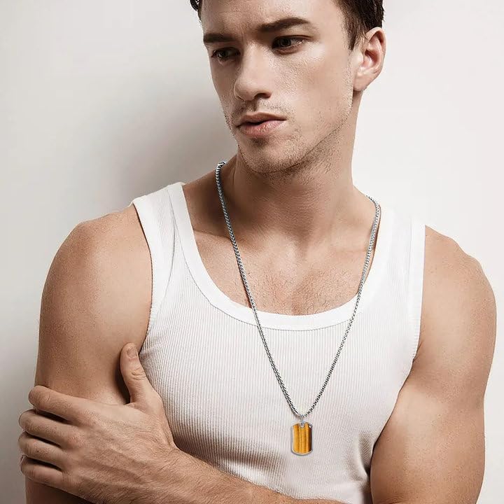 925 Sterling Silver Dog Tag Necklace for Men Women Tigers Eye/Blue Sandstone/Malachite Protection Christmas Jewelry Gifts for Family with Rolo Chain - Image 5