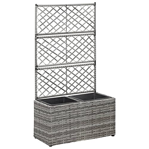 vidaXL Hochbeet mit Rankgitter 2 Töpfe Pflanzkübel Pflanzkasten Blumenkübel Spalier Gartenspalier Rankhilfe Rankkasten 58x30x107cm Poly Rattan Grau