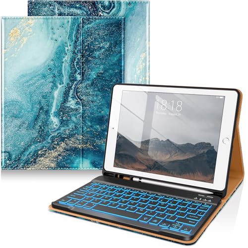 Image of DTTO for iPad 9th /8th /7th Generation 10.2 inch Case 2021 /2020 /2019 with Keyboard, 7 Colors Backlit Wireless Detachable Keyboard Premium Leather Folio Cover with Pencil Holder & Pocket, Sandy Wave