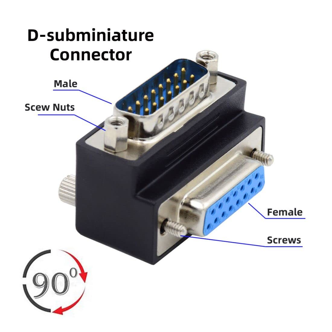 chenyang Confezione da 2 connettori DB15 pin maschio a femmina DSUB RS232 15 pin D-subminiaturizzato ad angolo di 90 gradi