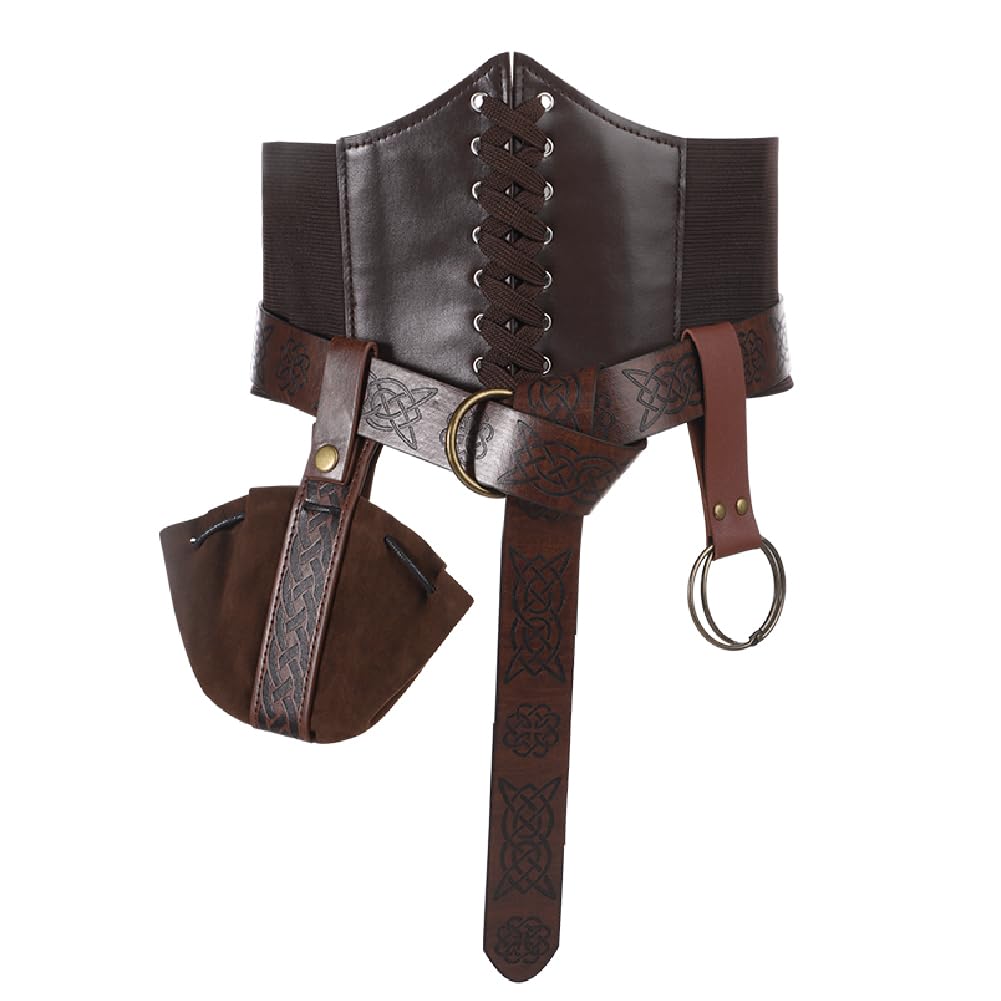 3pcs Medieval Leather Embossed Costume Accessories Set PU Tied Waspie Wide Band Armor Belt Drawstring Purse Pouch for Halloween Cosplay LARP Carnival Retro Fancy Dress Costume Accessory Dress up Prop