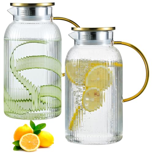 2 PACK Glass Pitcher with Lid and Handle,68 oz/ 2 Liter Vertical Stripes Water Pitcher,Glass Water...