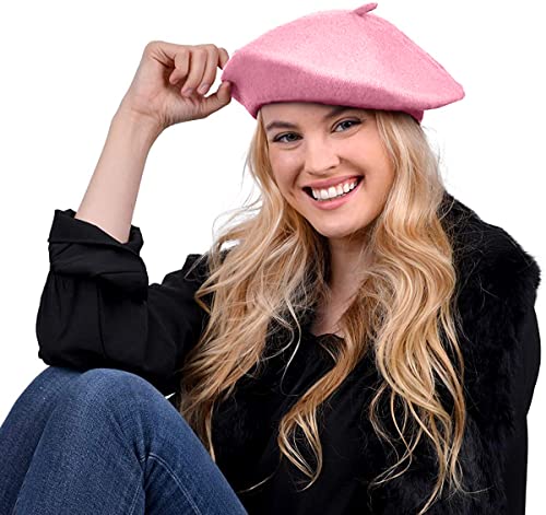 Parquet Solid Color French Beret Wool Material. Classic French, Casual and Chic Lightweight Beanie Cap Hat Pink