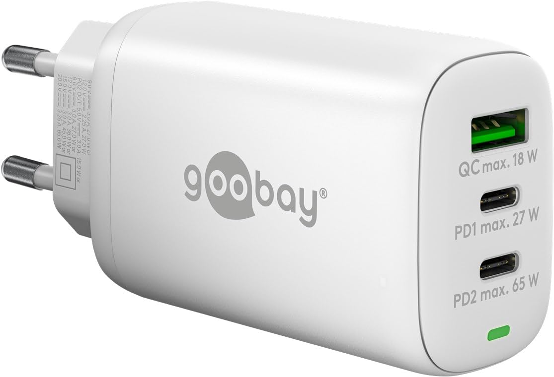 Goobay 65408 Chargeur USB C Alimentation 65W Power Delivery PD Chargeur Rapide/iPhone/Android/USB-C & USB-A 3 Ports Mini Adaptateur pour Prise de Courant/Blanc