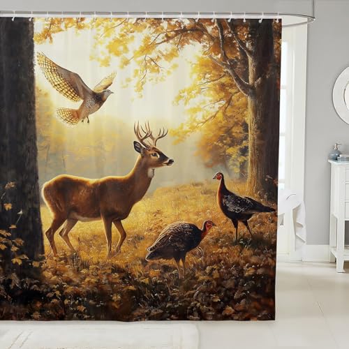 Manfei Wild Deer Kids Shower Curtains Turkey Maple Trees Rustic Nature Bathroom Curtains for Boys Girls Animal Cabin Farmhouse Brown Yellow Waterproof Curtains 12 Hooks Suits 72 W x 72 L