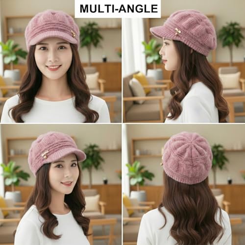 Image of Kraptick Women's Winter Knit Visor Beanie Hat with Soft Fleece Lining, Stylish Woollen Slouchy Warm Cap for Ladies, Snow Sun Shield Knit Cap for Winter -2