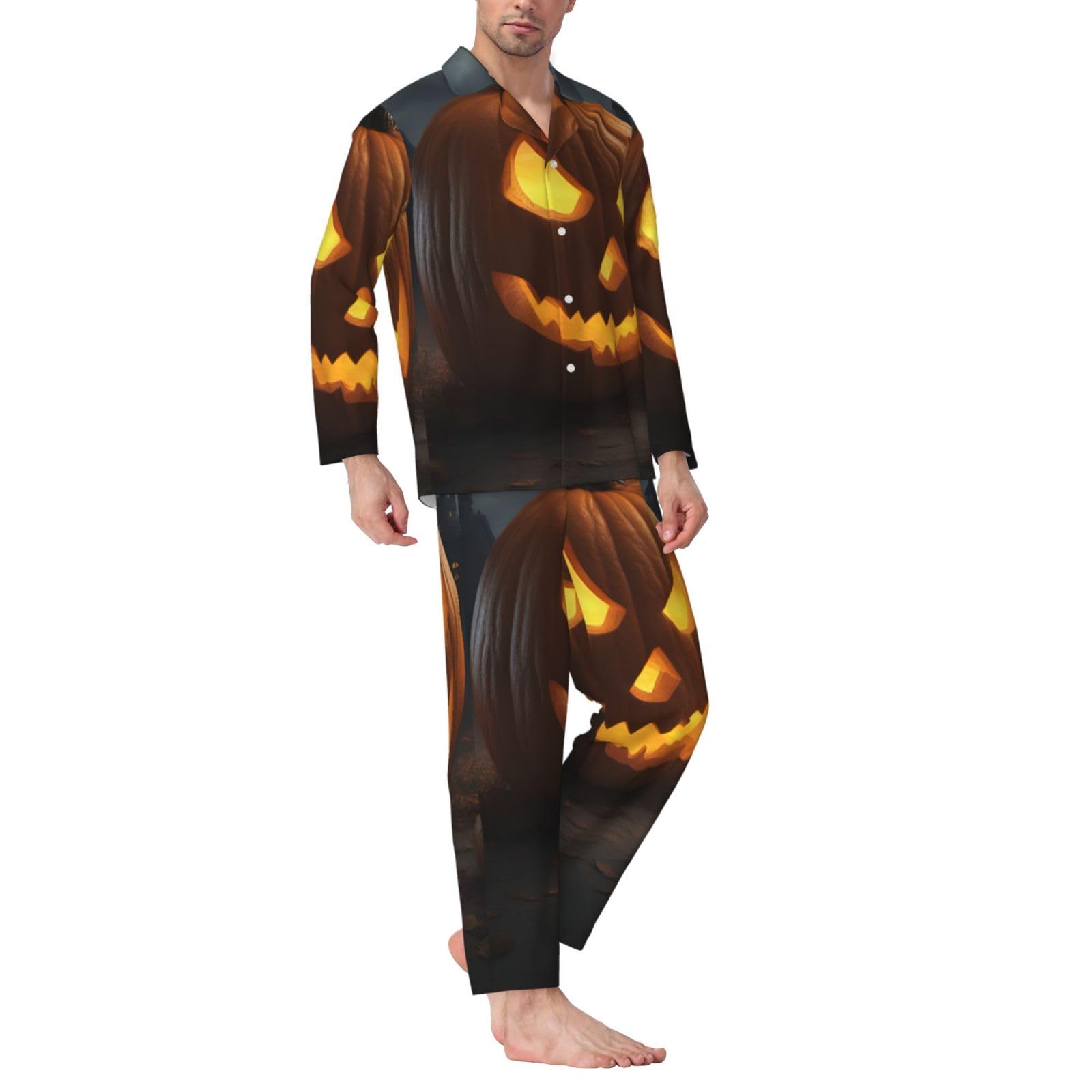 Halloween-Pyjama-Set für Herren, langärmlig, zweiteilig, bequem, Nachtwäsche, mit Kürbismuster