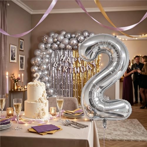 Image of Number Balloons Silver Party Balloon - Giant Number 2 Balloon, 40 Inch Large Balloon for Birthday Decorations, Silver Party Supplies for Anniversary