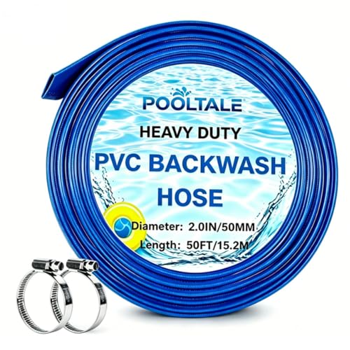 POOLTALE 2.0 x 50 FT Pool Backwash Hose Heavy Duty Reinforced Lay-Flat Sump Pump Hose Discharge Hose with 2 Clamp for Pool Filter Drain Clean Swimming Pools and Filters for Inground Pools