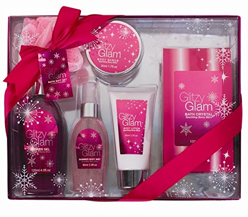 Beautiful 6 Piece Ladies Berry Bliss Flavored Body & Bath Gift Set Body Lotion, Body Mist, Shower Gel, Body Scrub, Bath Crystals and a Bath Puff - Beautiful Packing Ideal Gift for Friends and Family