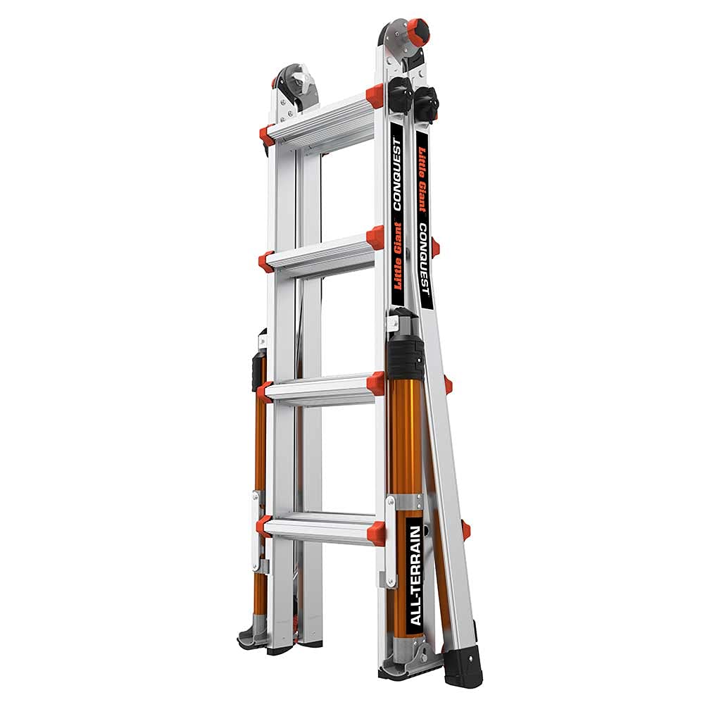 Little Giant Leitern 1304-024 Conquest All-Terrain Mehrzweckleitern, 4 Stufen, seitlich montierte Stabilisatorstangen, schwere Konstruktion in Militärqualität, EN131