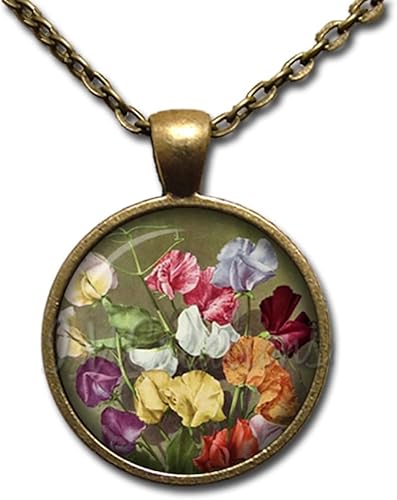 Sweet Pea Vintage Lathyrus odoratus Flower - Handmade ROUND Glass Pendant Necklace Jewelry (16, Antique Bronze)
