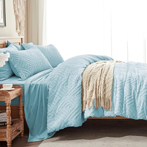Image of Zzlpp Full Comforter Set 7 Pieces, Light Blue Tufted Bed in a Bag with Comforter and Sheets, All Season Boho Bedding Sets with Comforter, 2 Pillow Shams, 2 Pillowcases, 1 Flat Sheet, 1 Fitted Sheet