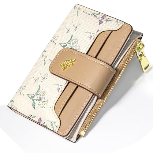 Image of YINHEXI Women's Wallet, Compact and Small Bifold PU Leather Card Holder, Mini Purse with Coin Pocket for Ladies, Girls (Floral Kahki)