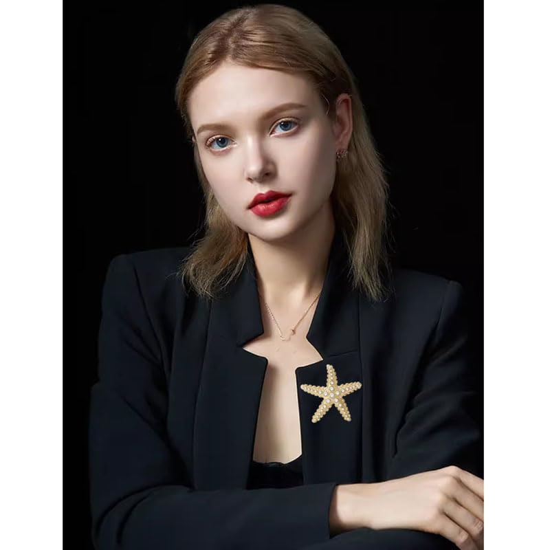 Image of Charm Starfish Brooch Pin for Women Fashion Chunky Plated Gold Sea Star Lapel Pin Summer Ocean Beach Jewelry Gifts