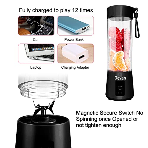 Image of 6 Blade USB Juicer Bottle - Portable Electric Juice Maker Mixer Blender Grinder, Rechargeable Shake Fruit & Vegetable Blender (Black)