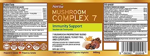 Herba Mushroom Complex with Lions Mane Supplement – 7 Mushroom Blend with Reishi, Chaga, Cordyceps, Turkey Tail, Maitake, Shiitake, and Lion’s Mane | Immune Support Supplement | 120 Vegetable Capsules | Made in Canada - Image 3