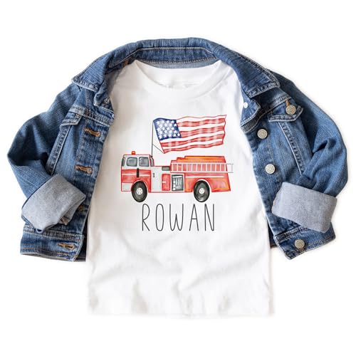 Personalized Fire Truck Firefighter Kids Shirt - Custom Kids Name Fire Engine 4th Of July Outfit - Red White & Blue America USA - Boho Natural Toddler & Youth Shirts3