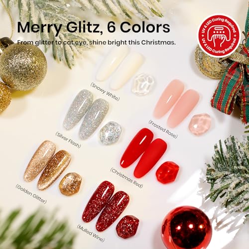 Image of Beetles 27Pcs Gel Nail Polish Kit with U V Light -6 Colors Cat Eye Gel Polish Set Red Jelly Glitter Gold Merry Glitz with Everything Soak Off Home Salon DIY Manicure Set Gifts for Women