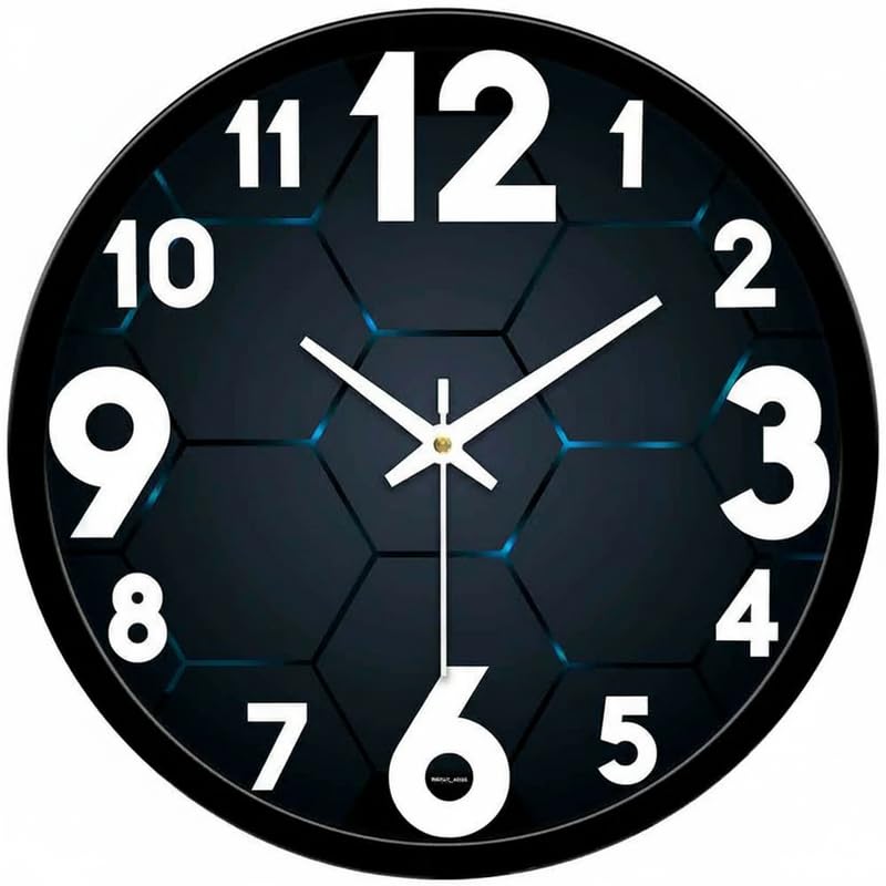 Image of Modern 3D Hexagon Wall Clock for Gaming Room & Office Decor | Round Analog Silent Non-Ticking Tech Watch with Black Frame | Futuristic Blue Geometric Pattern Timepiece for Bedroom & Man Cave