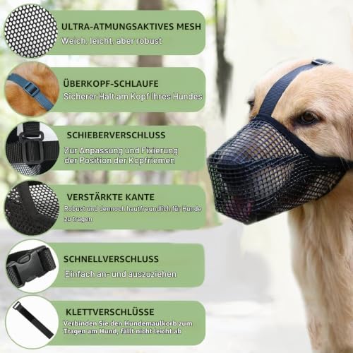 Maulkorb für Große Hunde, Atmungsaktive Haustiermaske Hundetraining, Maulkorb Mittlere für Beißen Kauen, Soft Mesh Maulkorb für Kleine Mittlere und Große Hunde (Schwarz, L)