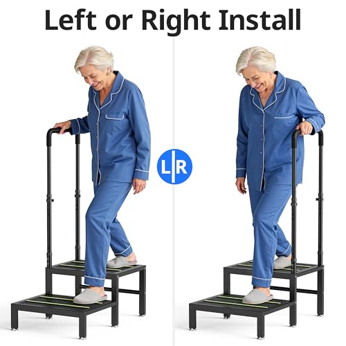 Image of 2 Step Stool with Handle, Heavy Duty Step Stool for Elderly and Adults, Adjustable Handrail with Non-Slip Platform, Bedside Steps for High Beds, Kitchen and Bathroom