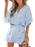 CUPSHE Damen Jumpsuit V Ausschnitt Kurzarm Strampler Paisley Weites Bein Kurz Overall mit Gürtel Casual Lose Playsuit