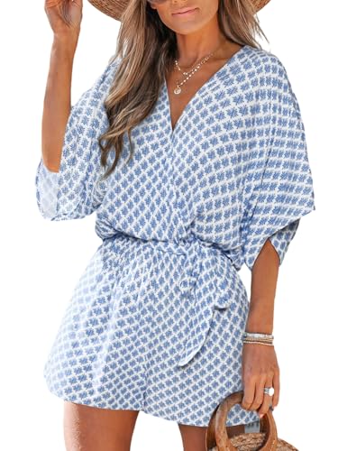CUPSHE Women's Summer Romper Lace Up Printed Half Sleeves Casual Wide leg Vacation Outfit Mini One Piece Jumpsuit Light Blue Printed, M