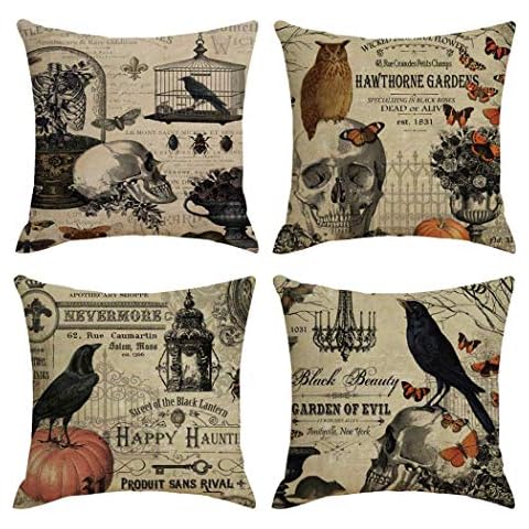PSDWETS Happly Halloween Decorations Crow Skull and Pumpkin Pillow Covers Set of 4 Home Decor Cotton Linen Throw Pillow Covers Cushion Cover 20 X 20 Cover