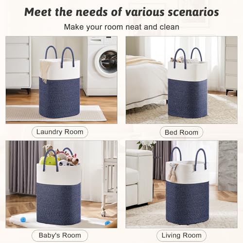 Image of Laundry Basket,Woven Cotton Rope Laundry Hamper,Versatile Storage for Dirty Clothes,Baby Toys,and Blankets in Bathroom, Nursery,and Living Room (Blue, 100L)