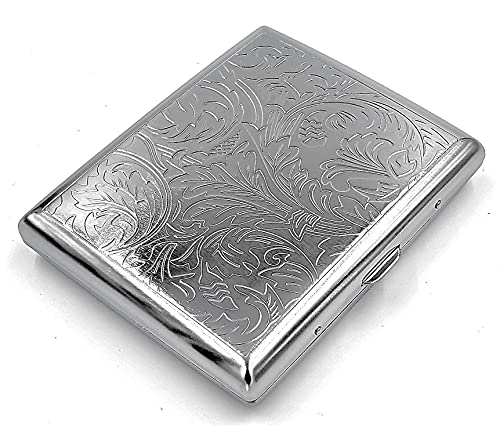 Retro Cigarette Case Victorian Style Metal Holder for Regular, King and 100\'s Size Credit Card Holder, Large with Leafe Pattern (Lif-L100, Silver)