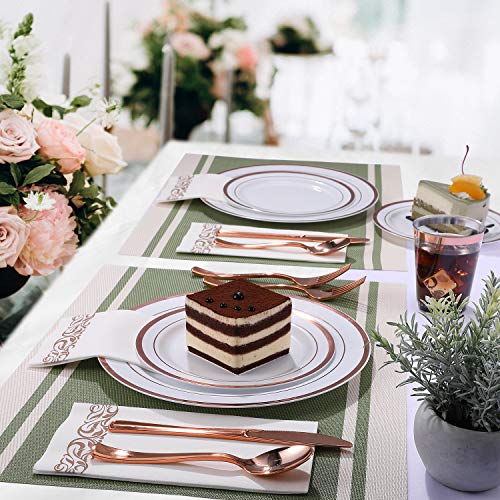FOCUSLINE 175 Count Rose Gold Dinnerware Set for 25 Guests - Rose Gold Rimmed White Disposable Plastic Plates Heavy Duty, Includes 25 Dinner & Salad Plates, Cups, Cutlery Set for Wedding Parties by FOCUSLINE - Image 5