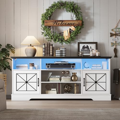 Image of Xixini Farmhouse TV Stand for 65 /60 /55 Inch Tvs, Rustic Entertainment Center with LED Lights and Power Outlets, Modern Media Console Table, Wood Television Furniture for Living Room, Bedroom, White
