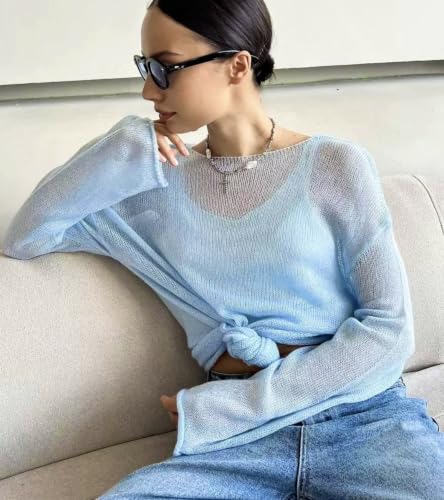 Image of Sweters for Women, Womens Sweater, O-Neck Solid Color See Through Pullover Jumper Shirt Beach