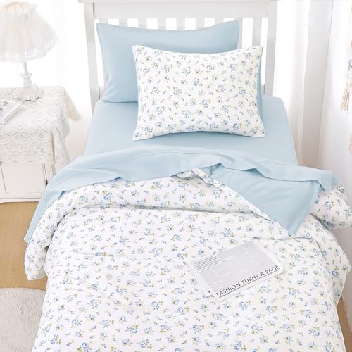 Image of Wake In Cloud - Floral Comforter Set, Coquette Cottagecore Aesthetic Flower Shabby Chic Pattern for Women Teen Girls, Soft Lightweight Bedding, 3 Pieces, White Blue, Twin /Twin XL Size