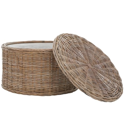 SAFAVIEH Home Collection - Jesse Grey Wicker Storage Round Coffee Table, Fully Assembled, Handwoven Rattan with Lift-Off Lid & Cotton-Lined Interior, Decorative Living Room Accent (SEA7034B)