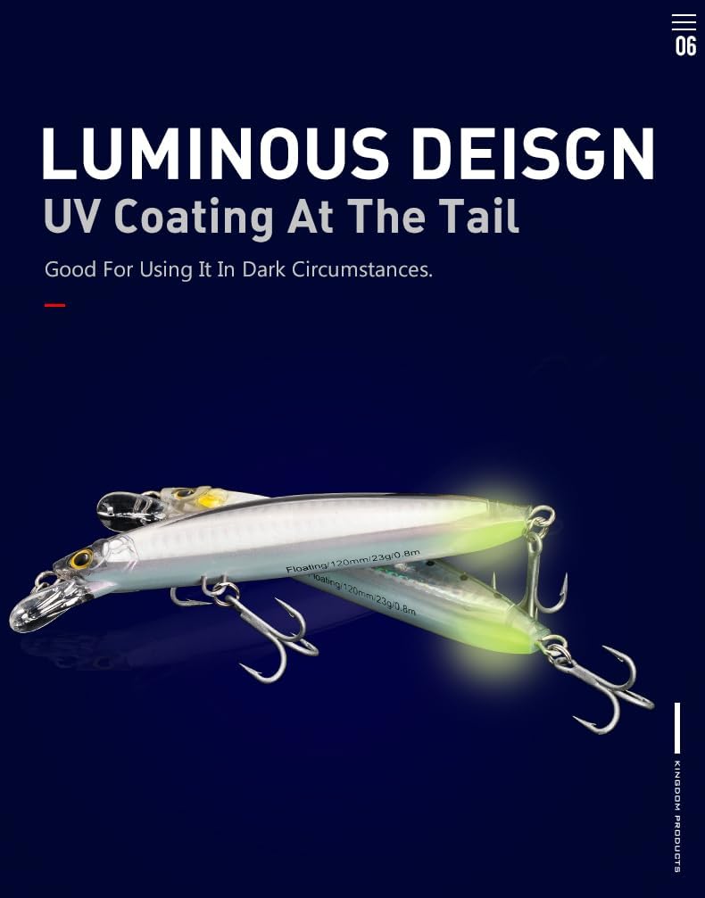 KINGDOM 6 Colors Minnow Lure 120/130mm Floating Fishing Bait 23/30g Strong Noise and Special Swimming Style Integrated Steel Wire Inside The Body Laser Eye-catching Appearance Fishing Plugs