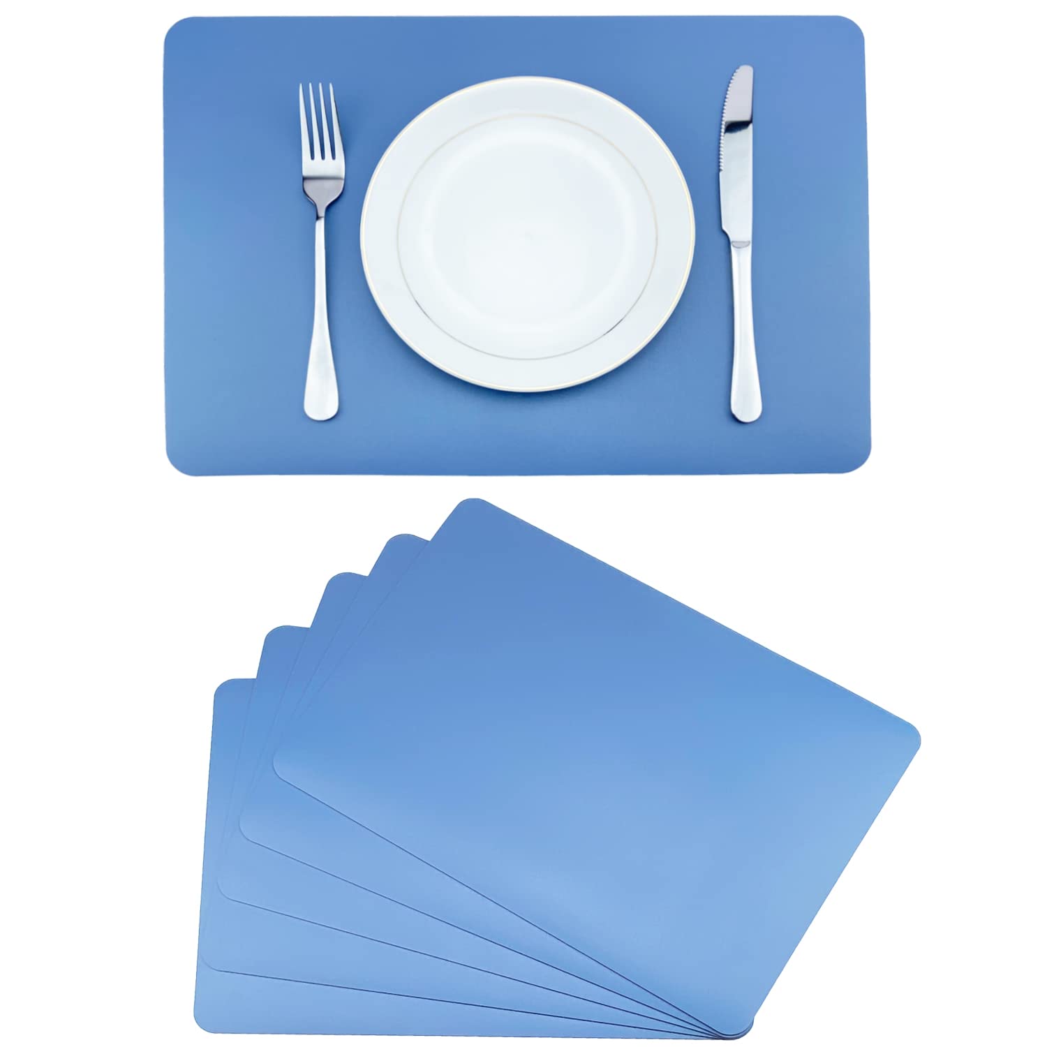 WeabetfuFaux Leather Heat Resistant Placemats for Dining Table Set of 6,Washable Wipeable Table Mats,Waterproof Anti-Slip PU Kitchen Table Place Mats for Indoor & Outdoor,Easy to Clean,Blue
