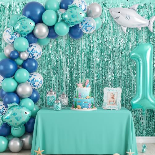 Image of TONIFUL 2Pcs Mint Green Blue Metallic Foil Fringe Curtain Laser Streamers | 3.3ftx6.6ft Ocean Themed Birthday Photo Booth Backdrop Door Streamer for Bachelorette Baby Shower Summer Pool Beach Party