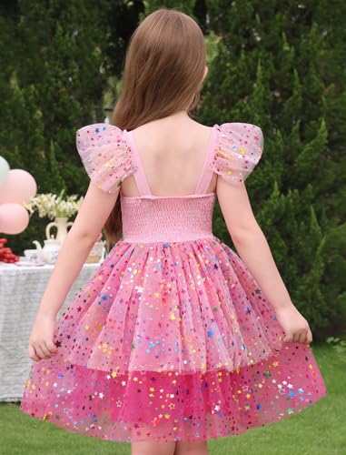 IMEKIS Toddler Kids Girls Sparkly Stars Dress Ruffle Sleeve Tulle Tutu Formal Birthday Party Dresses 1-6T4