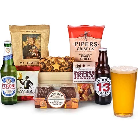 Classic Beer Gift Set for Men - Man Crate and Snack Selection Tray with Lager, Chilli Peanuts, Crisps, Pork Scratchings, Cake - Gourmet Beer and Pub Snack Hampers for Dad, from Regency Hampers
