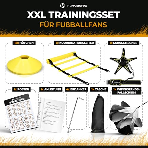 Manberg® Fußball Trainingsset Pro – Koordinationsleiter 6m, 12 Hütchen, Widerstandsschirm, Kick-Trainer – Komplettes Trainingszubehör für Kinder & Erwachsene
